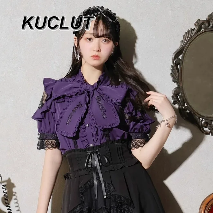 

Japanese Original Gothic Ruffle Edge Off-the-shoulder Blouse Femme Bow Sweet Short-sleeved Top Embroidered Casual Shirt Summer