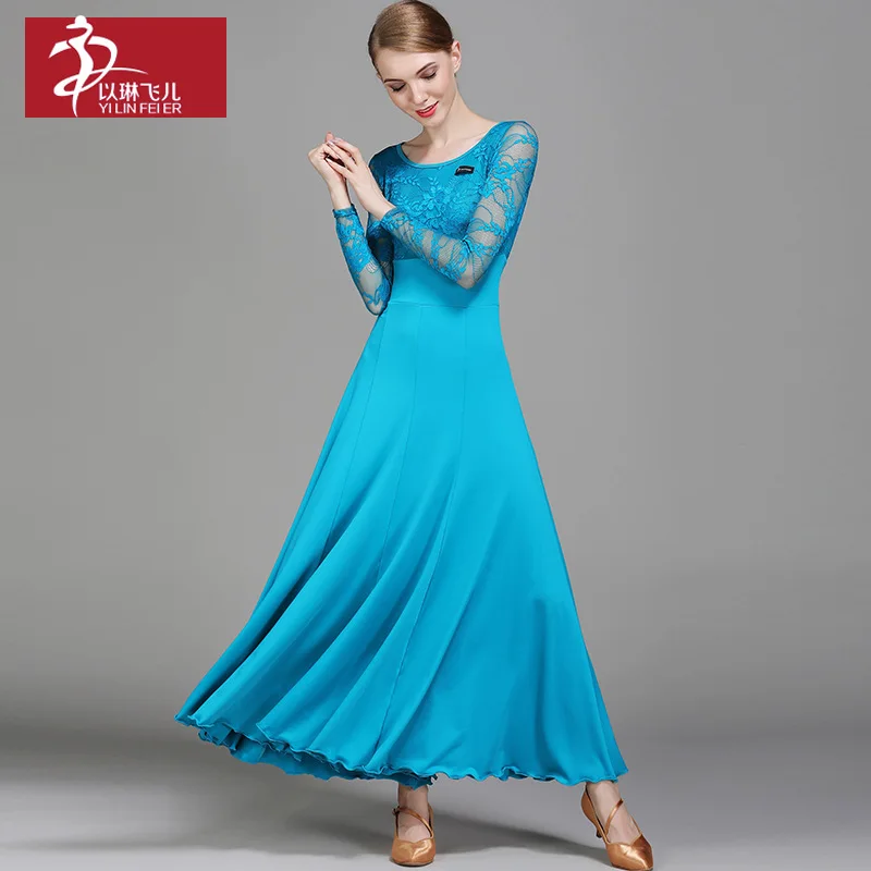 1pcs/lot woman ballroom dancing dress female long lace sleeve international dancing dress