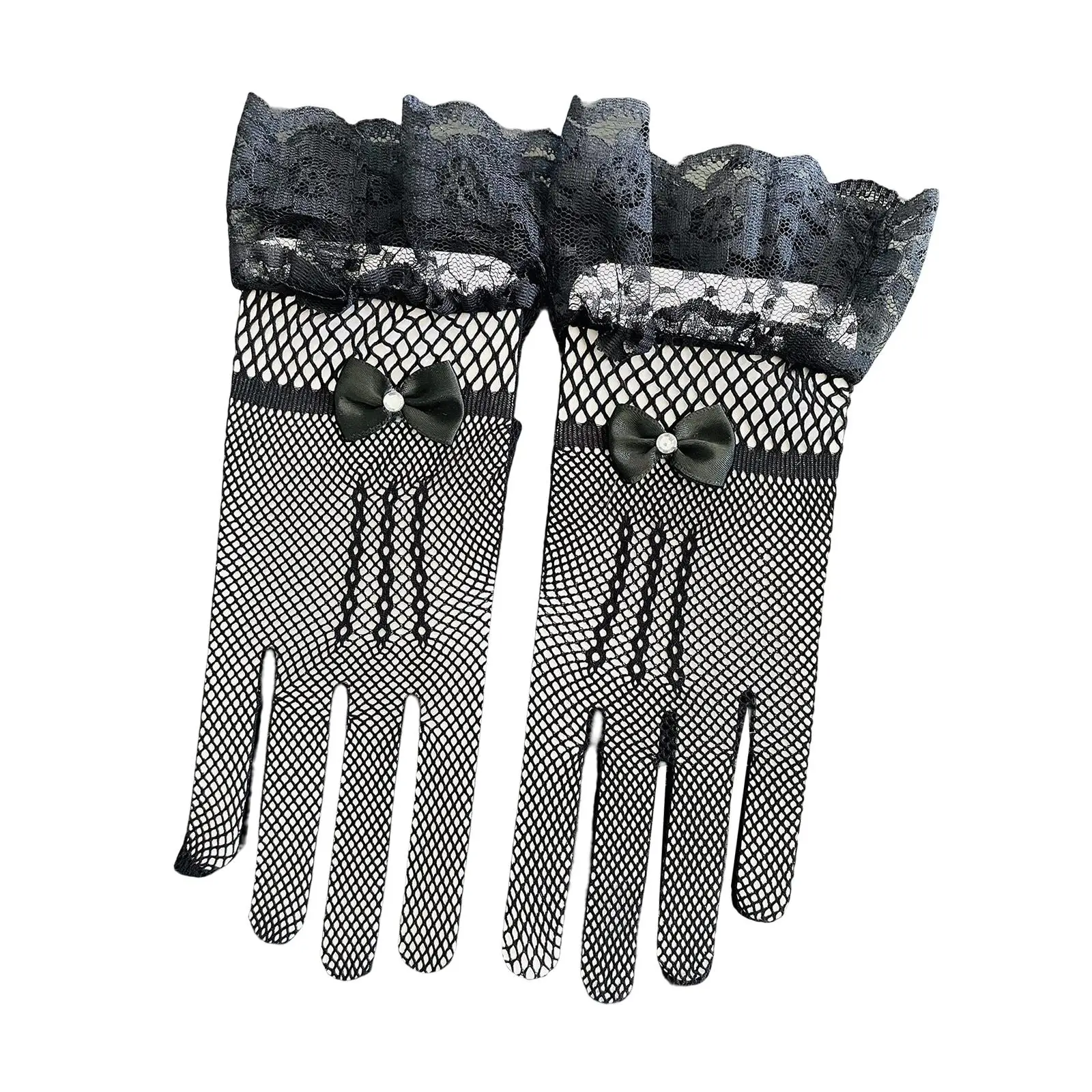 Elegant Short Lace Gloves Mesh Fish Net Wrist Length Tulle Fashionable Lolita for Fancy Dress Party Performance Dinner Costume