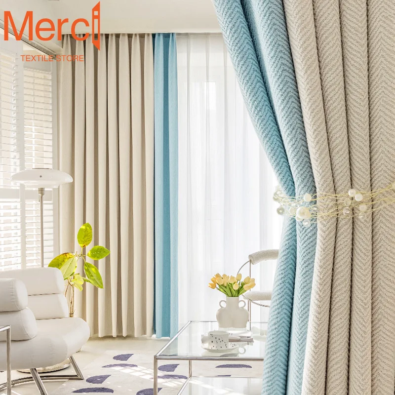 

Thickened High-shading Cream Curtains for Living Dining Room Bedroom Herringbone Pattern Cotton and Linen Splicing Customized