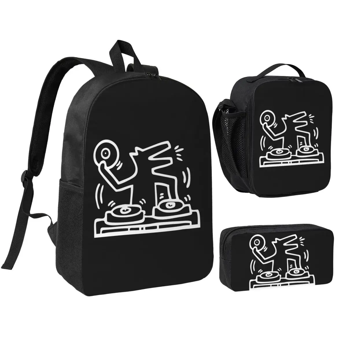 

Dj Dog Kieth Animal Haring White Backpack Boys Girls BookBag School Bag Shoulder Bags 3ps Insulated Lunch Bag Pencil Case