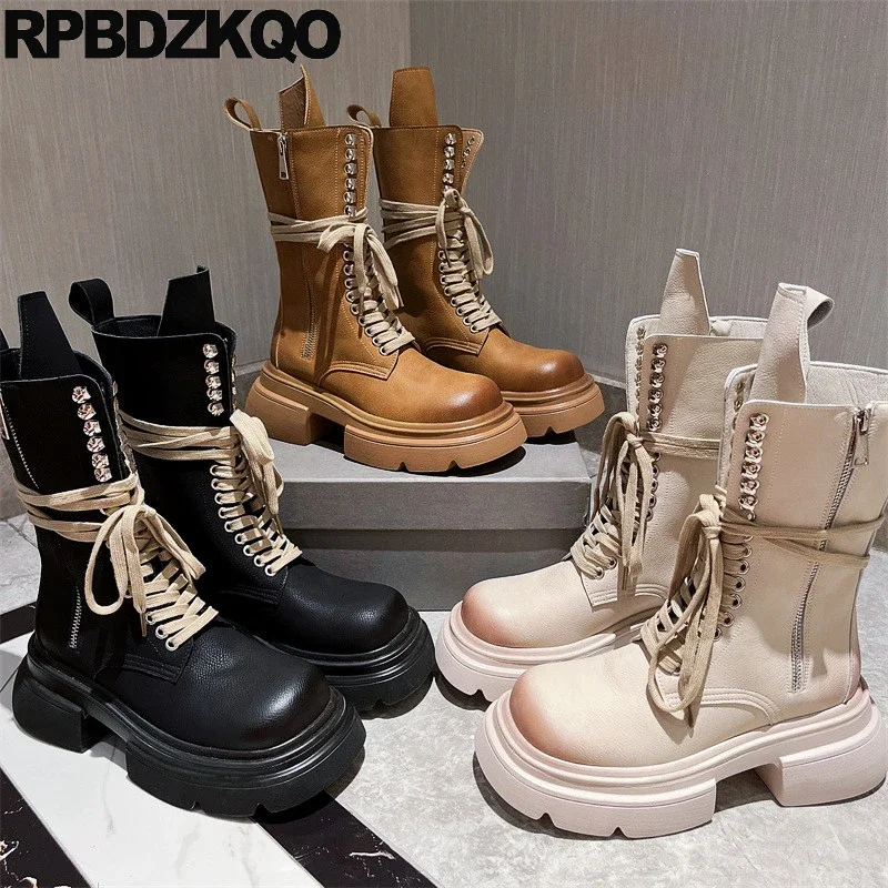 

Fur Lined Shoes Combat Cow Leather Round Toe Boots High Heels Brush Lace Up Military Women Side Zip Platform Block Army Mid Calf