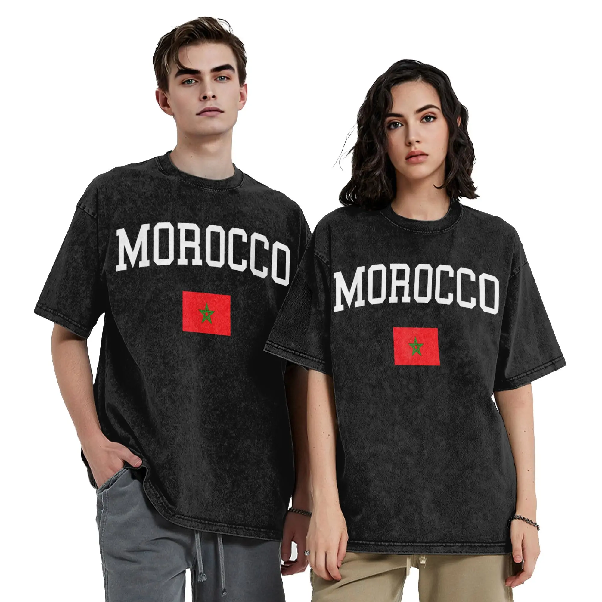 Morocco Flag Moroccan Washed T Shirts Streetwear  Novelty T-Shirts  Tees for Men Women Short Sleeve Harajuku Graphic Printed