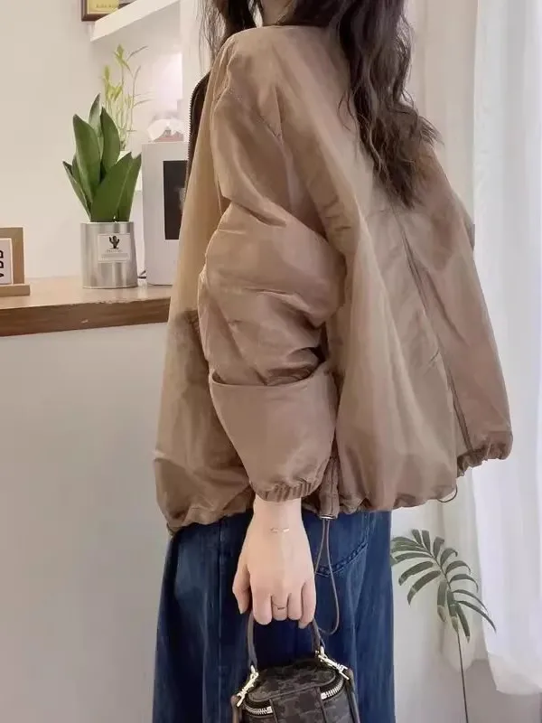 Women's Summer 2025 Thin Long Sve Stand Collar Casual Outerwear Loose Fit Zipper Faion Lazy Sle Sun Protection Top