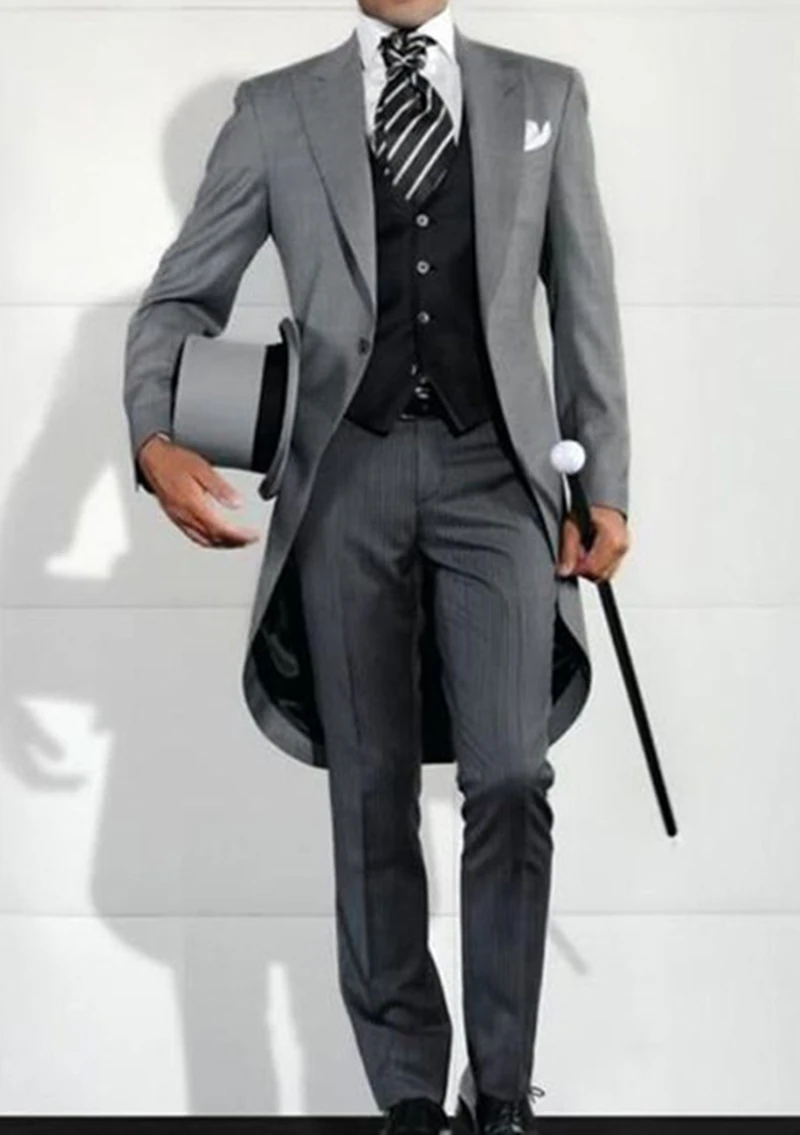 Grey Long Tail Coat 3 Pieces Gentleman Male Suit Men\'s Fashion Groom Tuxedo for Wedding Party Prom Jacket Vest with Pants