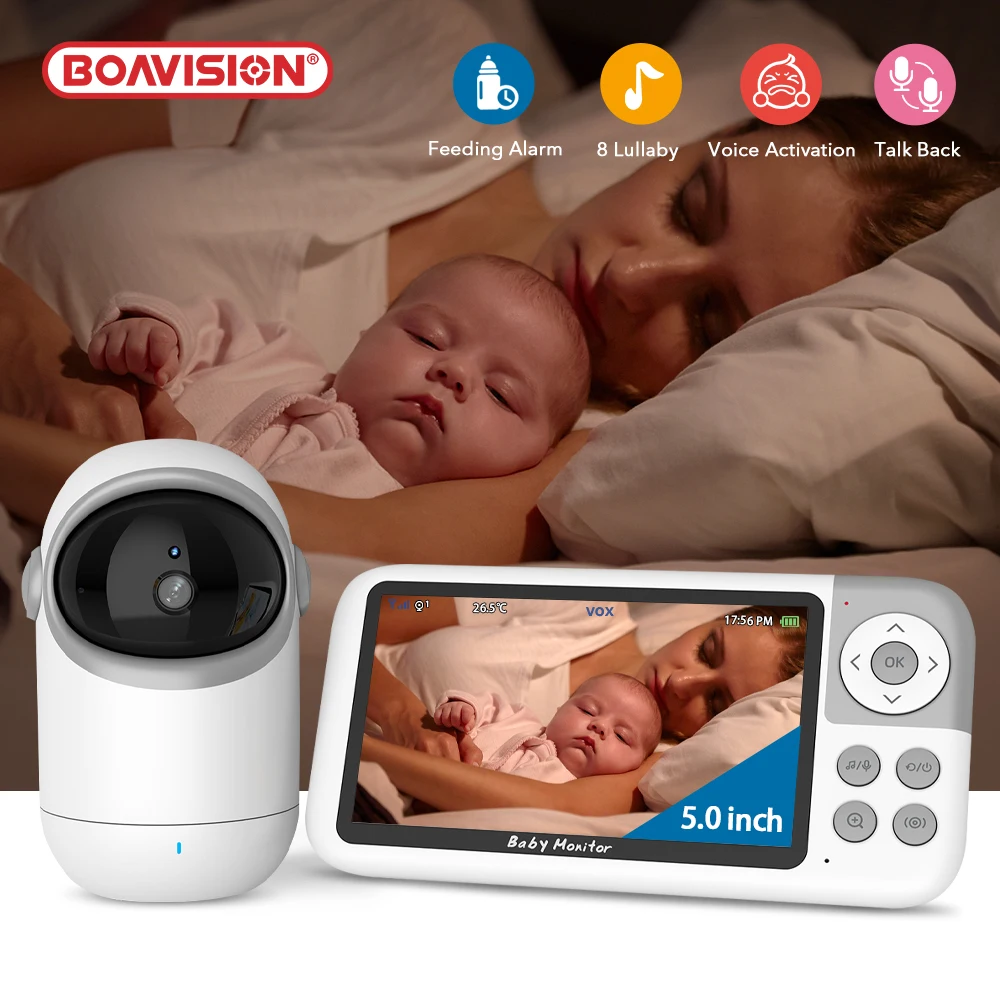 

Радионяня с панорамированием и наклоном, 3-кратный зум, 5-дюймовый двусторонний аудио, автоматическое ночное видение, колыбельная, беспроводная радионяня