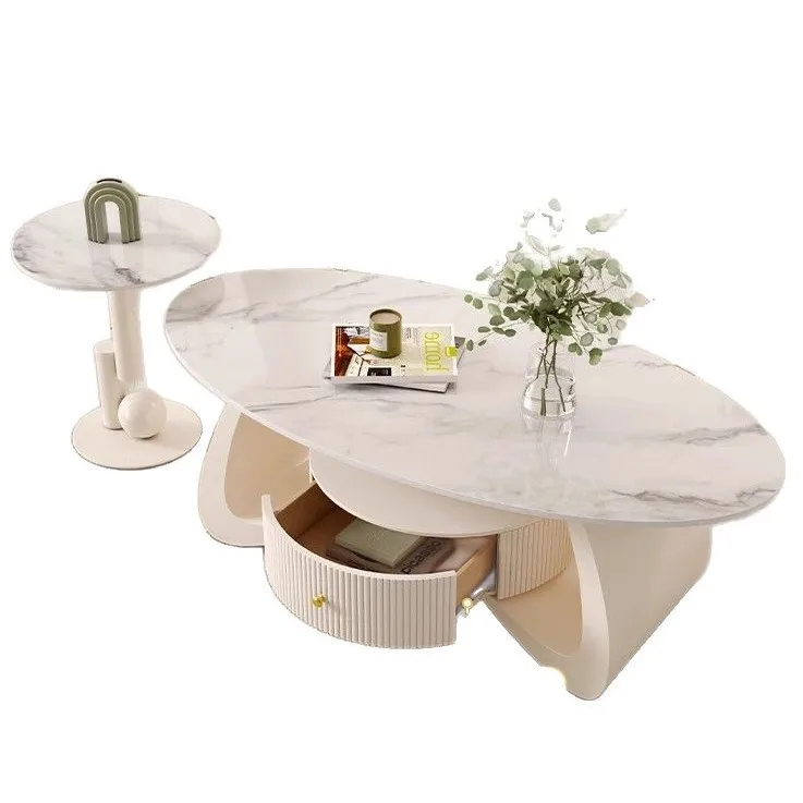 

French cream wind rock slab oval coffee table modern simple small apartment advanced Internet celebrity coffee table combination