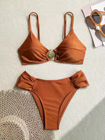 Conjunto de Biquíni Sexy Plissado de Cintura Alta 2025 Feminino Laranja com Fivela de Metal Push Up Duas Peças Roupa de Banho de Praia Moda Praia para Férias