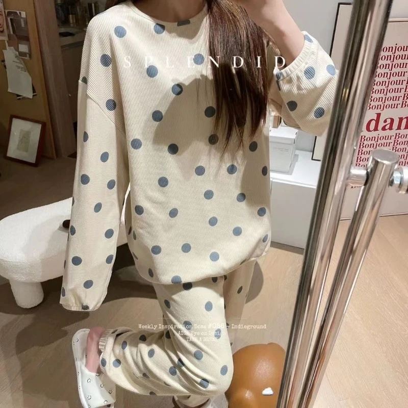 

Wave Point Pajamas Female Autumn and Winter Warm Online Celebrity Long Sleeve Simple Can Be Worn Outside Lazy Wind Loungewear