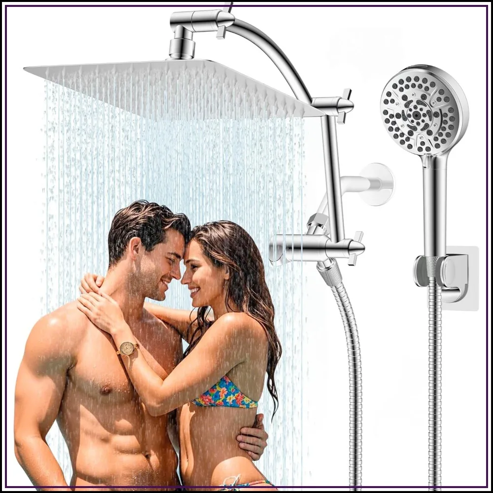 

10'' High Pressure Rainfall Shower Head Combo with 16'' Adjustable Arm, 10 Sprays, Handheld, Chrome