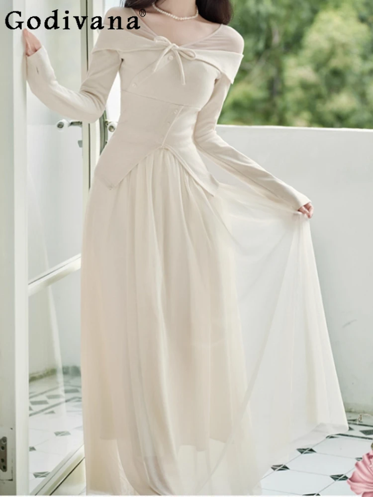 

Весенне-осенний новый темпераментный вязаный топ с милым вырезом и абрикосовым рисунком, элегантная нежная корейская юбка трапециевидной формы с высокой талией для девочек