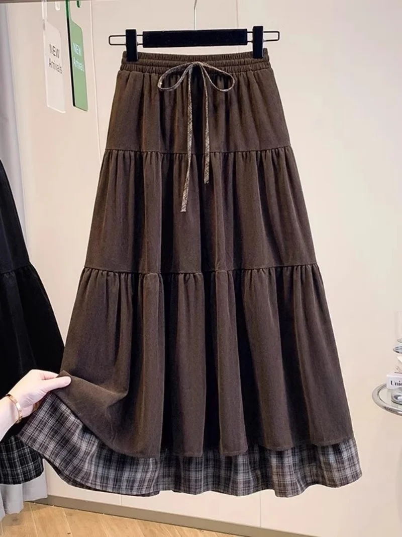 Falda falsa de dos piezas para mujer Otoño e Invierno 2025, nuevo estilo Vintage, falda acampanada con dobladillo con volantes a cuadros de talla grande W1275