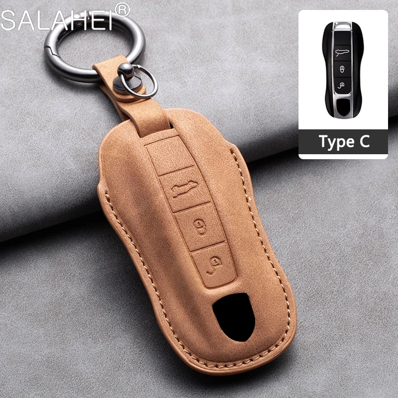 Leather Car Key Case Cover Protect Key Fob Keychain For Porsche Panamera Spyder Carrera Macan Cayman Cayenne 911 970 981 991 718