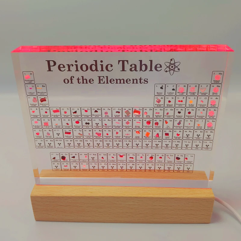 Impresión Mendeleev tabla periódica de acrílico, exhibición de Decoración Química para el hogar, Base de luz de madera, regalo sin 83 elementos reales