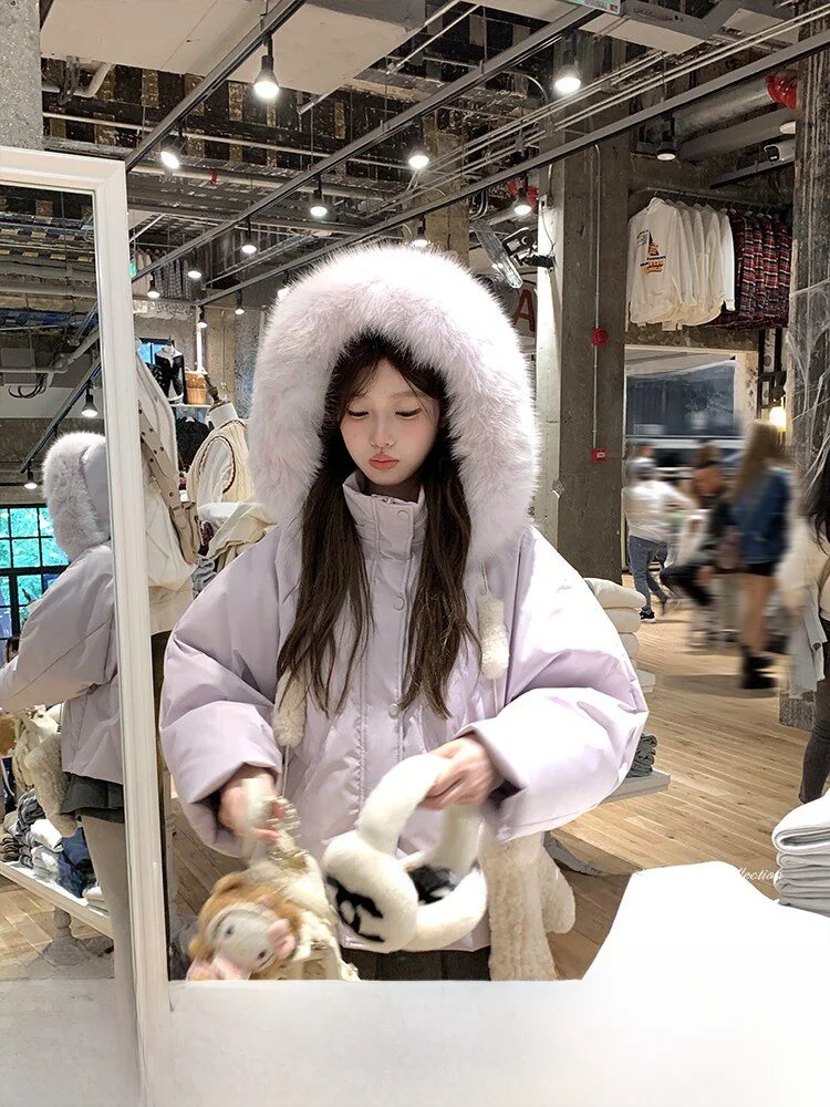 

Женская утепленная фиолетовая куртка с капюшоном на пуху и искусственном меху, зимнее теплое пальто в корейском стиле, маленький размер, верхняя одежда