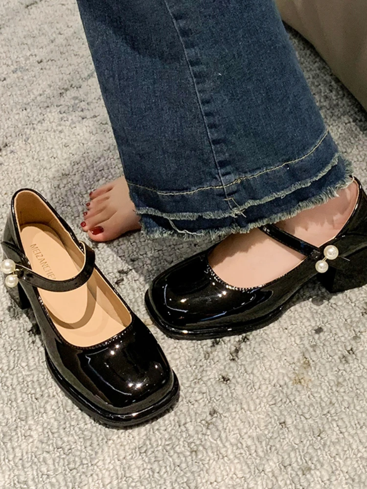 

Vintage France Mary Janes Shoes Women Korean Casual Square Heel Shoes Female String Bead Temperament Leisure Shoes Summer 2023