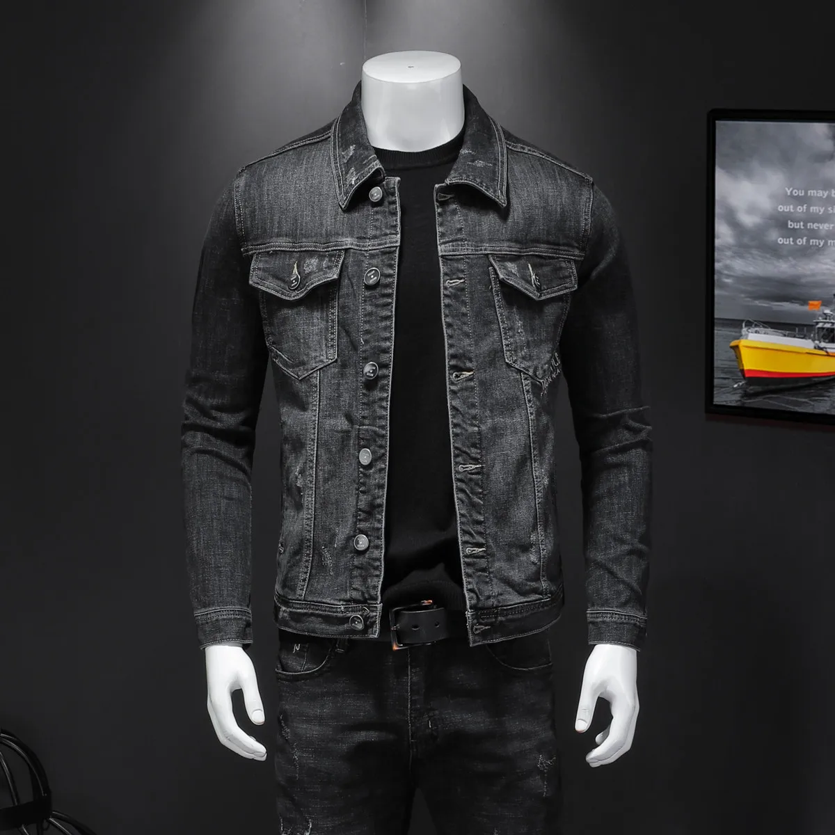

Men's Casual Slim Fit Denim Jacket Fashionable Versatile Autumn Clothing Embroidered Cotton Polyester Blend Long Sleeve