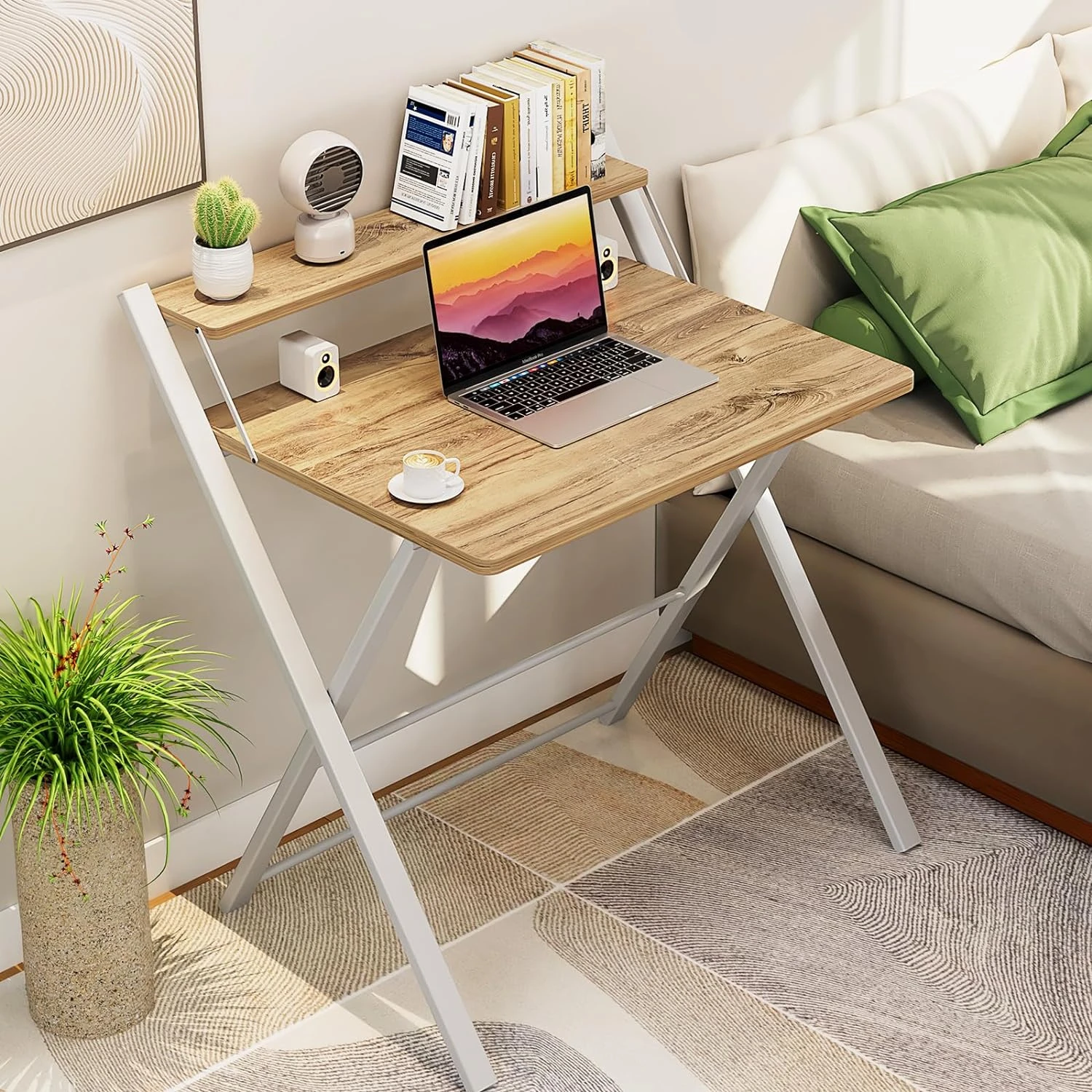 Folding desk No need to assemble large size 2 level folding computer desk with shelf space saving portable laptop folding table