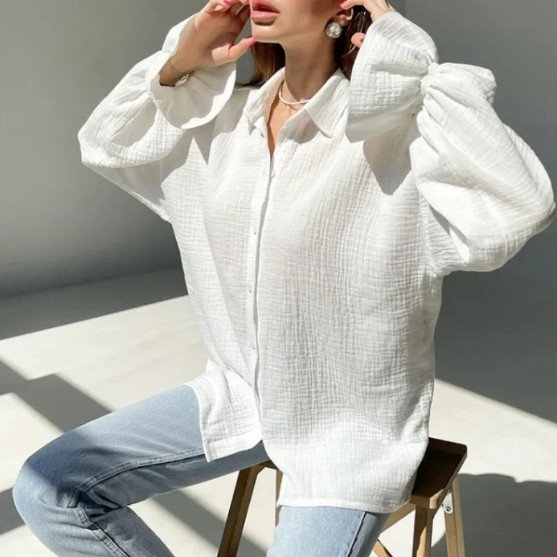 

Autumn Turn Down Collar Blouse Fashion Casual Loose Summer Clothes Solid White Shirts Simple Long Sleeve Women Tops New 28675