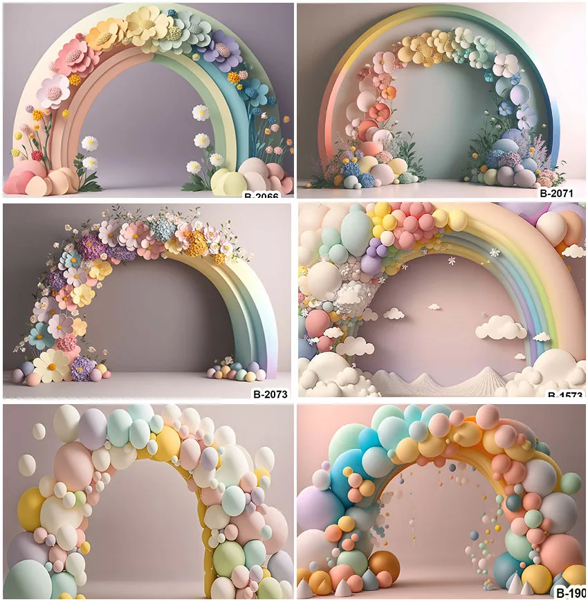 

Wedding Party Arched Shape Rainbow Theme Bride And Groom Portrait Backdrop Floral 3D Decoration Backgrounds Balloons Cloud Decor