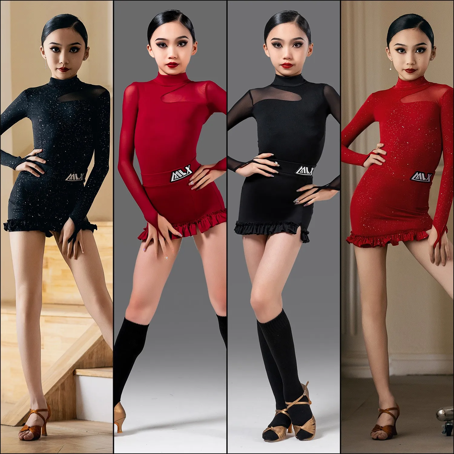 

Комплект для латинских танцев для девочек, сверкающий танцевальный костюм с высоким воротом и длинными рукавами, костюм для танцев самбы, одежда для танцев, VBH1062