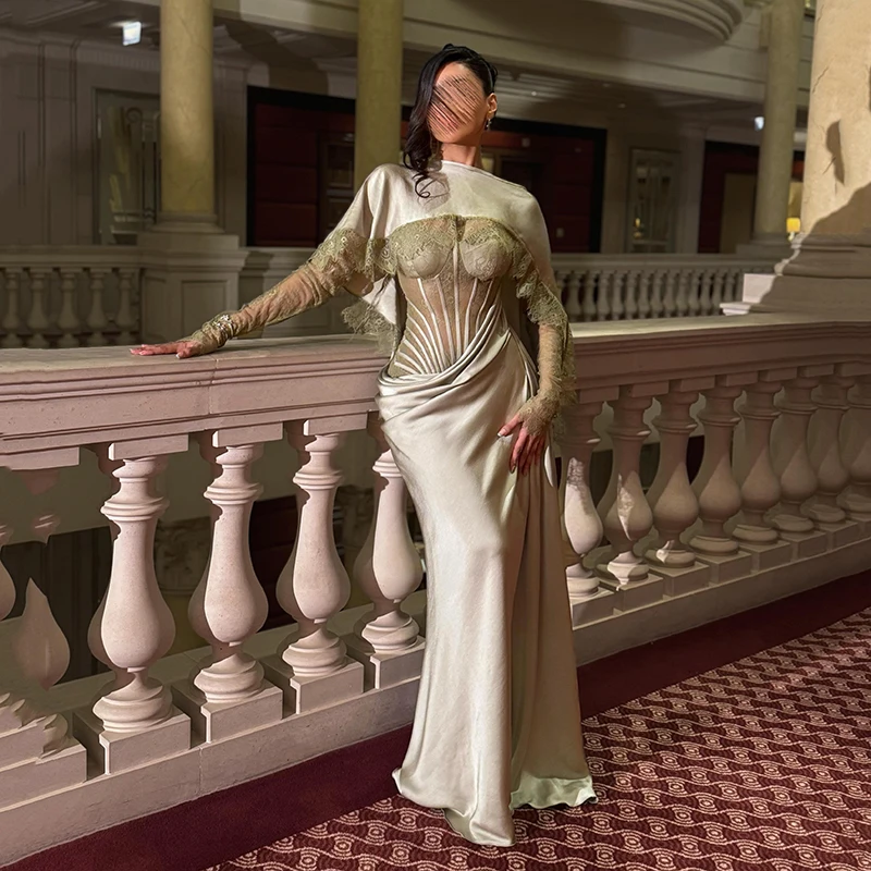 

Thinyfull Saudi Arabia Mermaid Prom Dresses Long Sleeve Lace Night Evening Dress Formal Cocktail Party Prom Gowns Customized