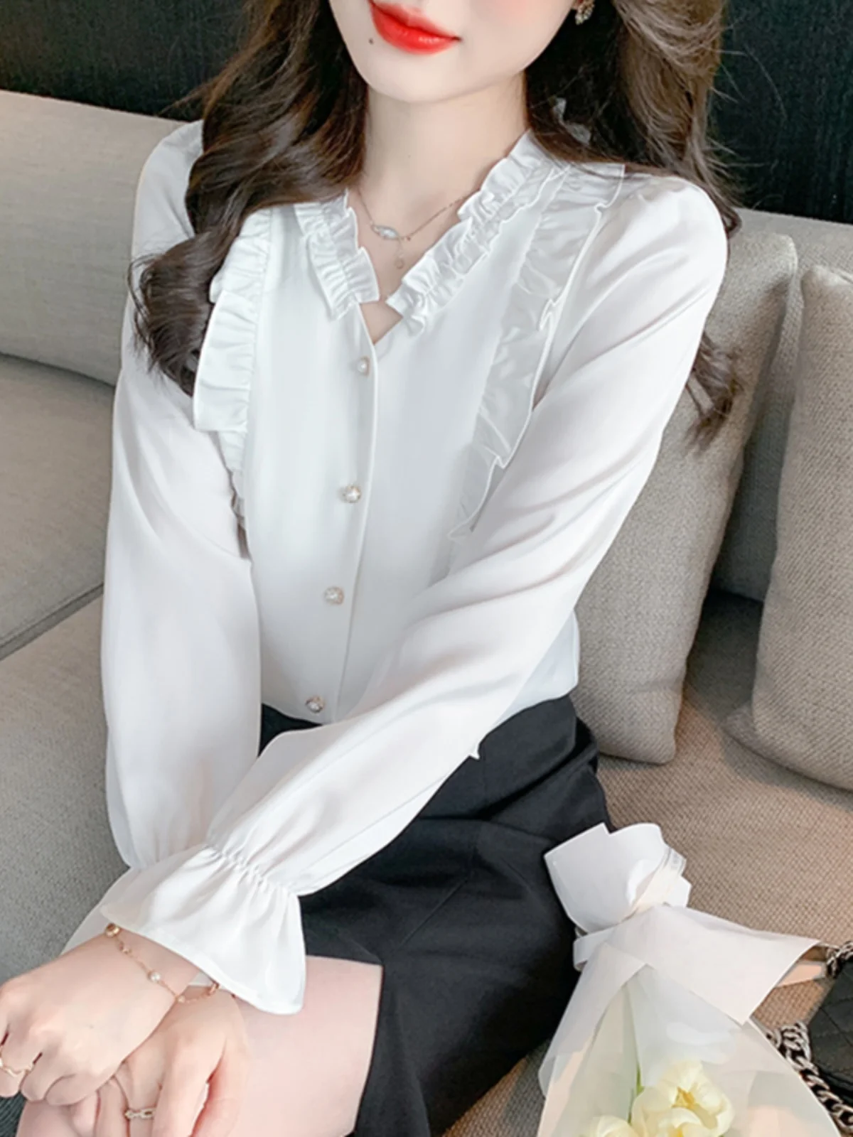 

Ele V-ne Long Sve Women's irt Spring Autumn Winter Design Sense irt Profional Commuting Faion Top