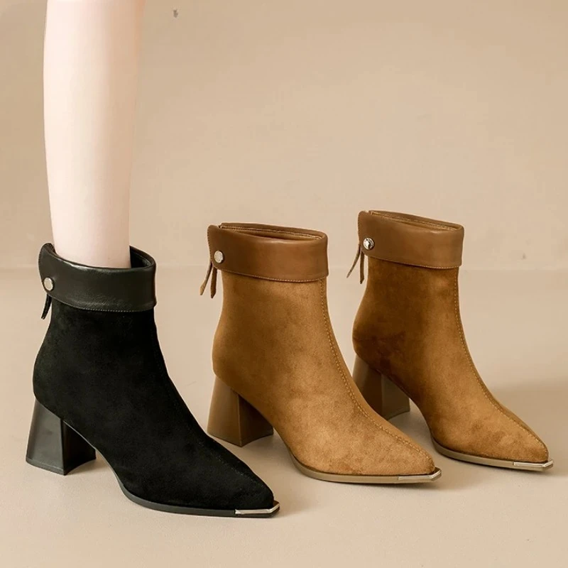 

Autumn Winter Suede Square Heels Women Ankle Boots Fashion Back Zippers Pointed Toe Shoes Modern Short Botas Para Mujer