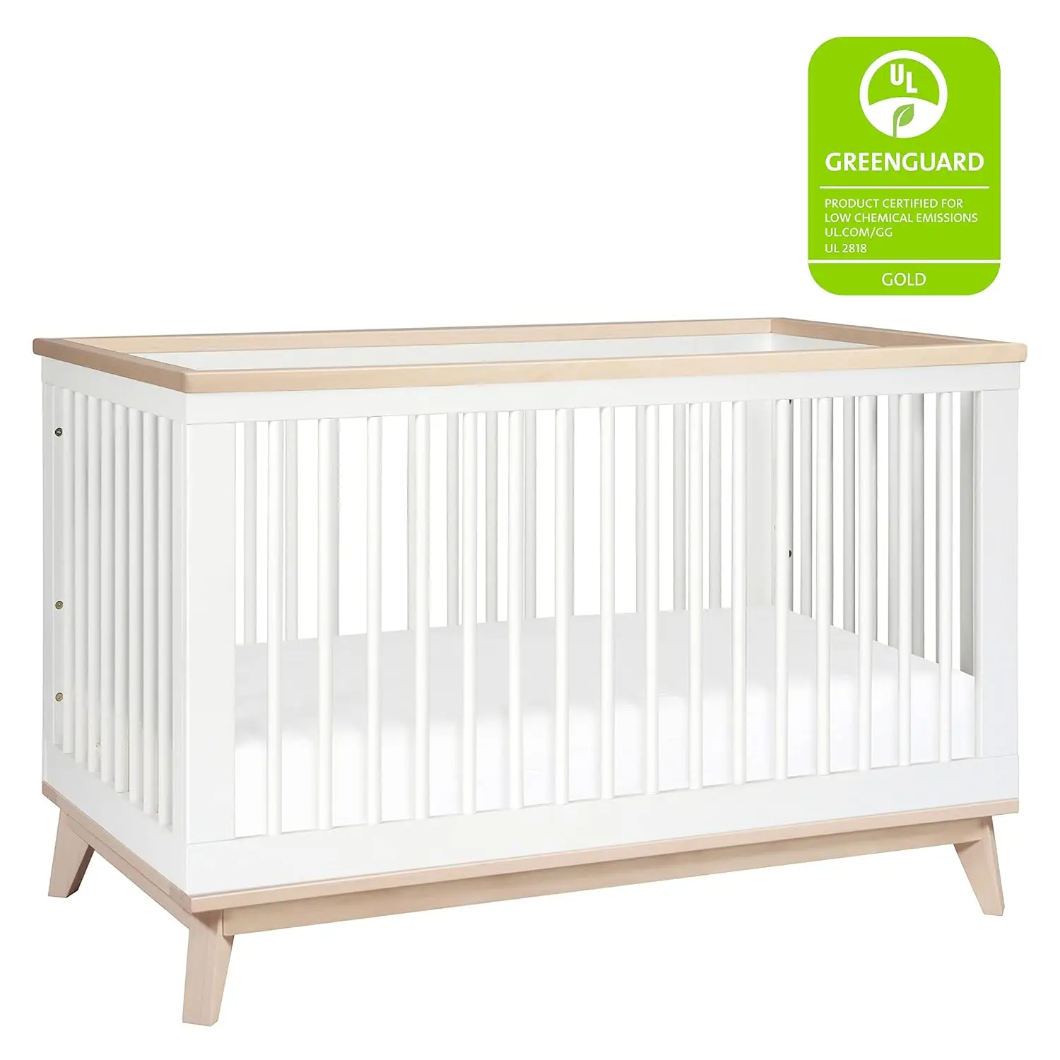 Scoot 3-in-1 Convertible Crib with Toddler Bed Conversion Kit in White and Washed Natural, Greenguard Gold Certified