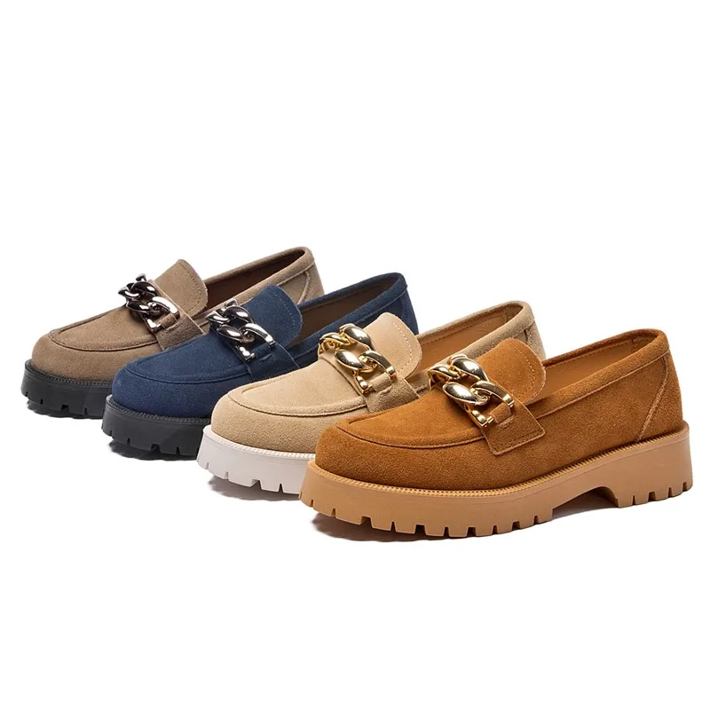 AIYUQI-mocasines de ante de piel auténtica para mujer, zapatos de estilo británico con cadena, talla grande 41 42, 2024