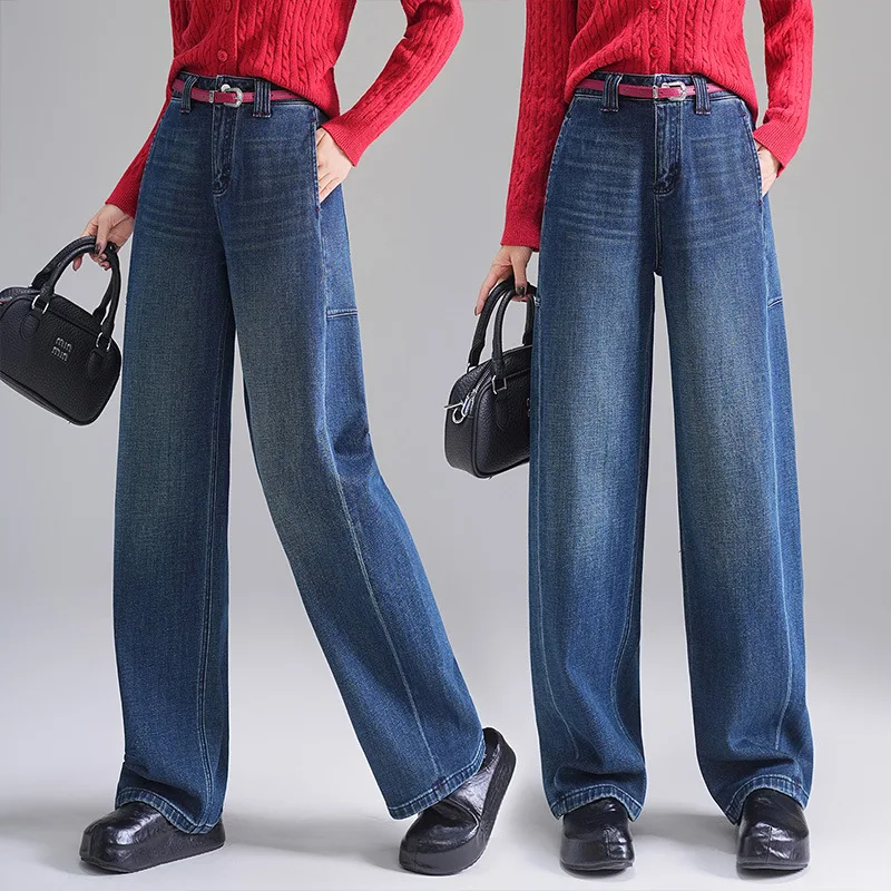 Celana Denim Scythe Wide-Leg untuk Wanita, Celana Banana Lurus Ketat Model High-Waisted Longgar untuk Musim Semi dan Gugur Terbaru