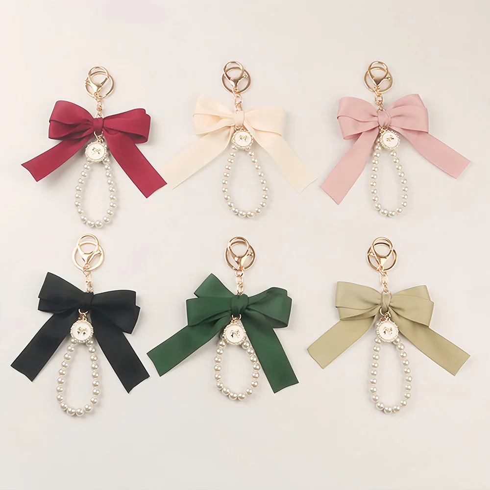 1Pc Cute Big Bow Charms Keychains with Imitation Pearl Bead Wristlet for Women Car Trinket Accessories Keyrings Bag Pendant Gift