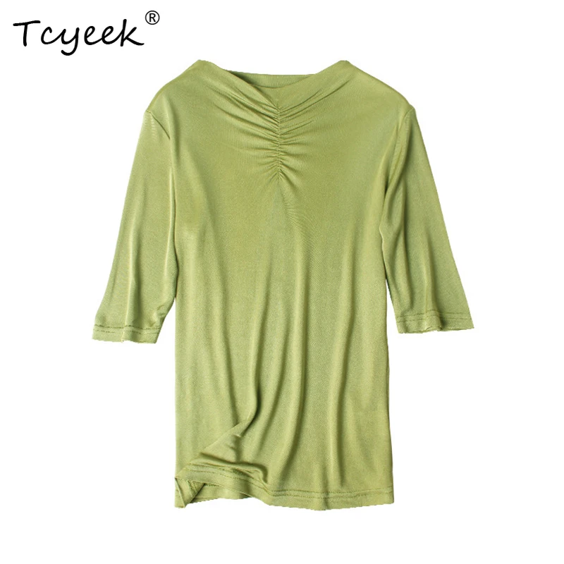 

Tcyeek, трикотажные футболки из натурального шелка, однотонные женские футболки с коротким рукавом и круглым вырезом, элегантный универсальный свободный складной топ, лето 2024, T45586QC