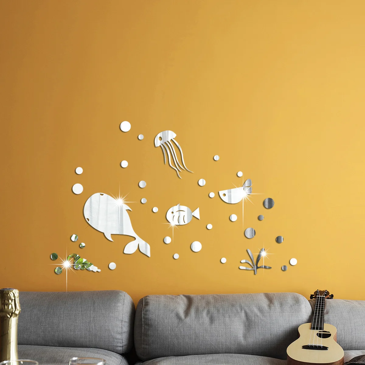 35Pcs Self-adhesive Marine Fish Mirror Wall Stickers Decorative Acrylic Room Bedroom Living Room Layout Wall Stickers