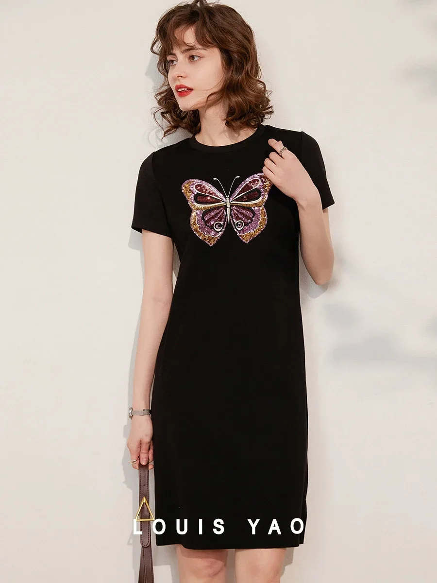 

LOUIS YAO Women Sequin Embroidery Butterfly T-shirt Dress 2024 Summer Round Neck Short Sleeve Casual Basic Vent Short Dress