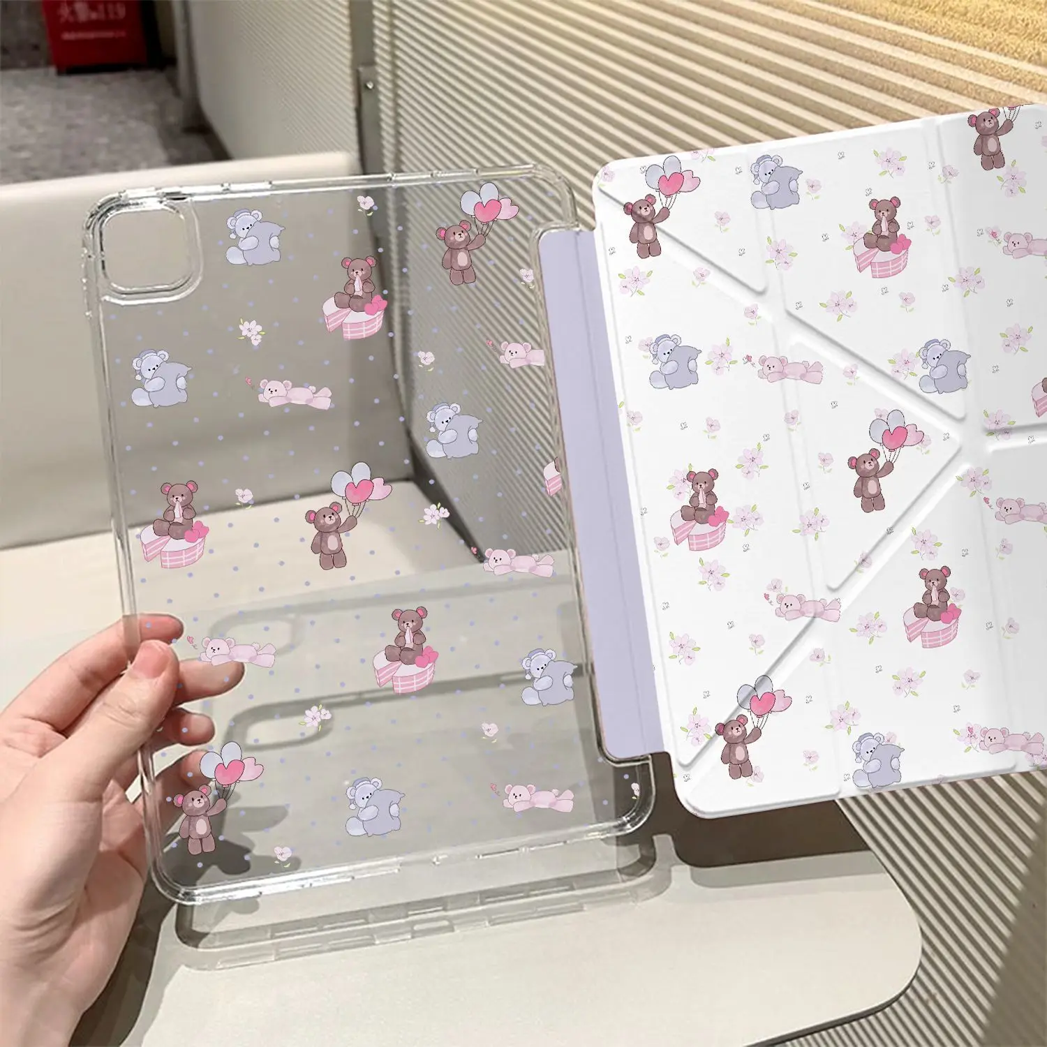 Korean Love Bear Floral Tablet Case For iPad Pro 11 12.9in 13 M4 9.7 10.2 5/6th 7/8/9 10 11th MINI 6 7 Air 5 6 7 Trifold Case