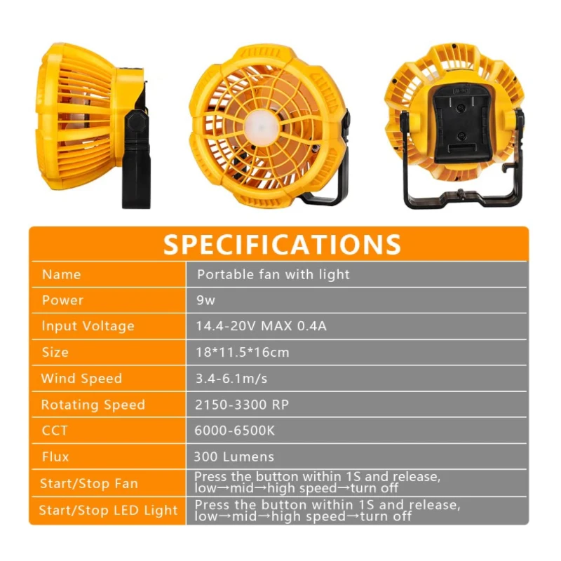 Imagem -06 - Ventilador sem Corda do Jobsite com Luz do Diodo Emissor de Luz para a Bateria do Li-íon de Dewalt 14.420v com fã de Acampamento Portátil de Controle Remoto Dobrável do Gancho