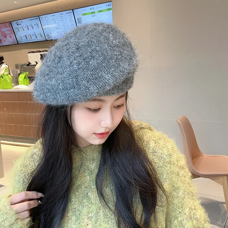 Winter Warm Knitted Beret for Women Mohair Woolen Berets Fashion Vintage Soft Painter Hat British Retro Trendy Solid Newsboy Cap