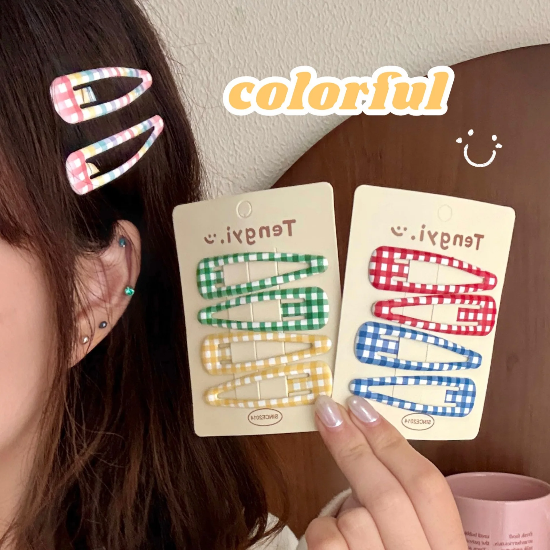 

4pc Sweet Colorful College Style Plaid BB Hairpin Cute Hair Side Clips for Girls Women Korean Hair Accessories