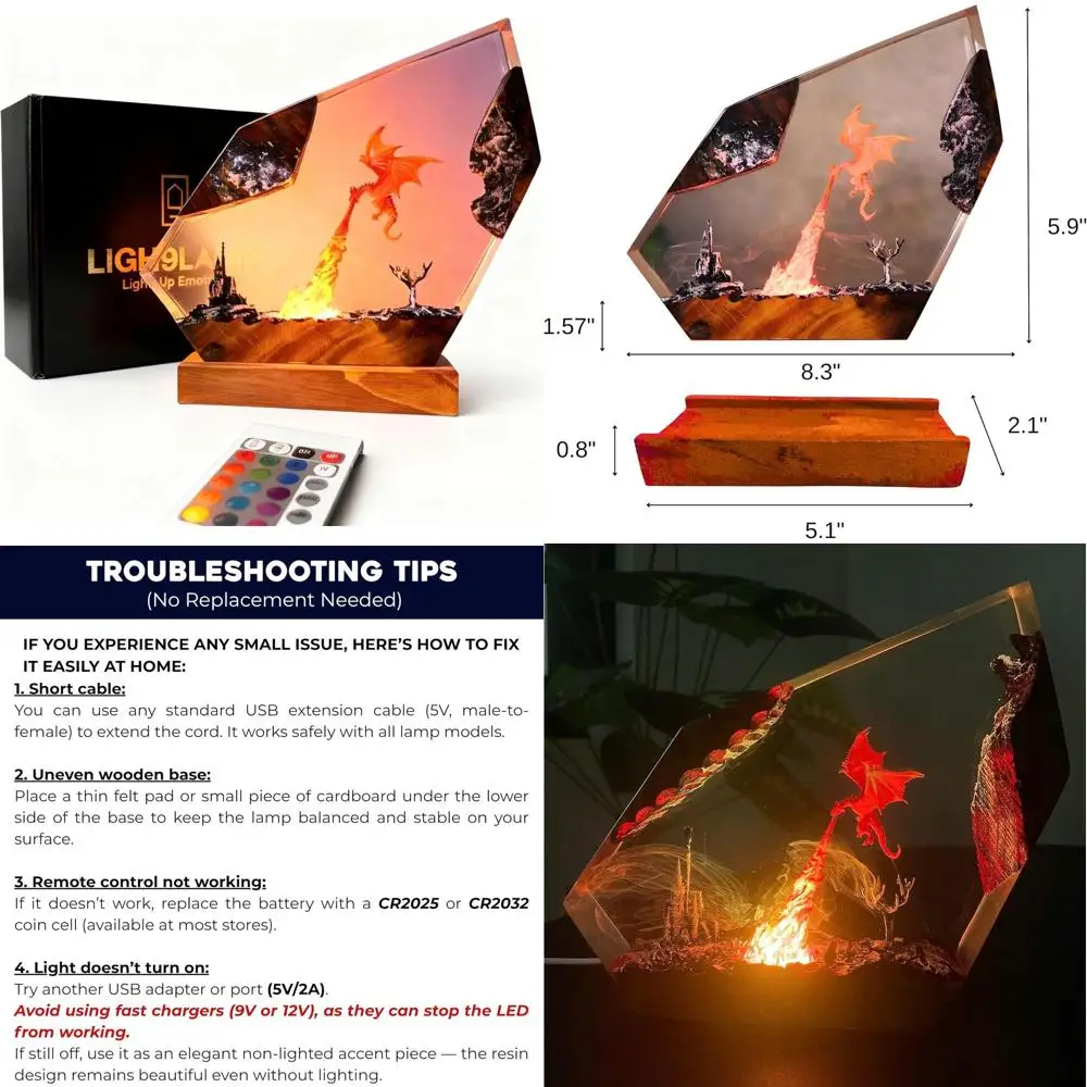 

Fantasy USB Dragon Lamp with 16 LED Colors, Wooden Base & Remote - Unique Gift for Holidays