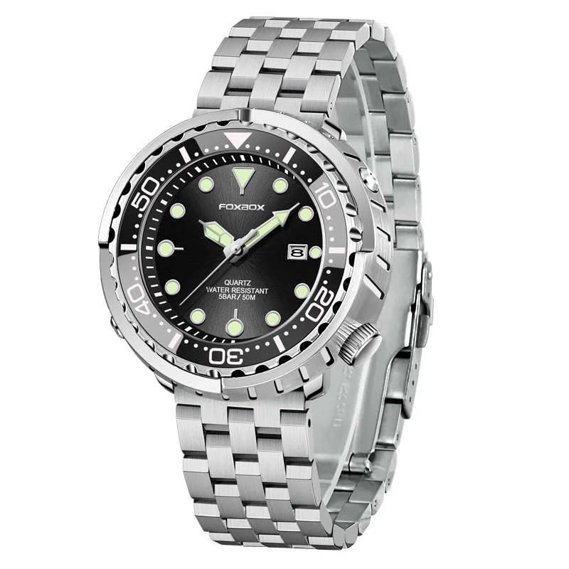 FOXBOX Man Wristwatches Sports 5ATM Waterproof Watch Man Rotatable Bezel Super Luminous Stainless Steel Quartz Watch for Men