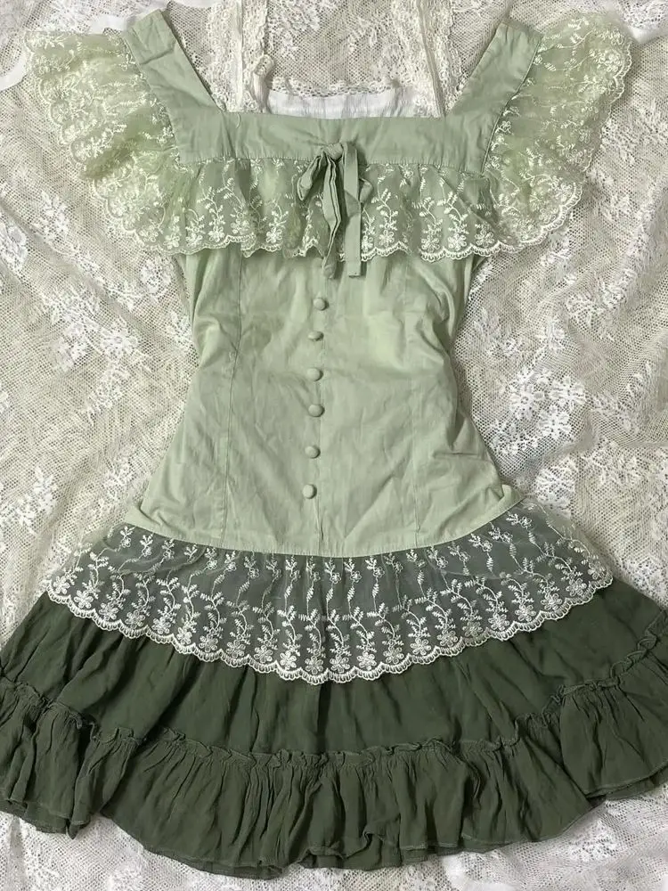 

Summer Set Two Piece New Fashionable Sweet Girl Style High-end Advanced Temperature Designed Niche Lace Lace Top and Skirt