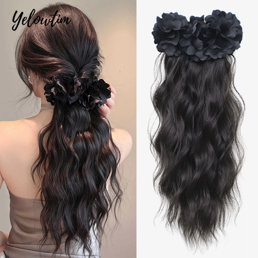 

Yelowtim Synthetic Long Curly Wig Claw Clip Fluffy Black Clip in Ponytail Wig Flower Red Wig Hair Clip Hair Accessories