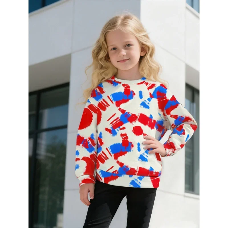 سويت شيرت كاجوال للأطفال موديل 2025 برقبة دائرية - قميص بأكمام طويلة مطبوع عليه رسومات فنية تجريدية باللونين الأحمر والأزرق للفتيات والفتيان #5