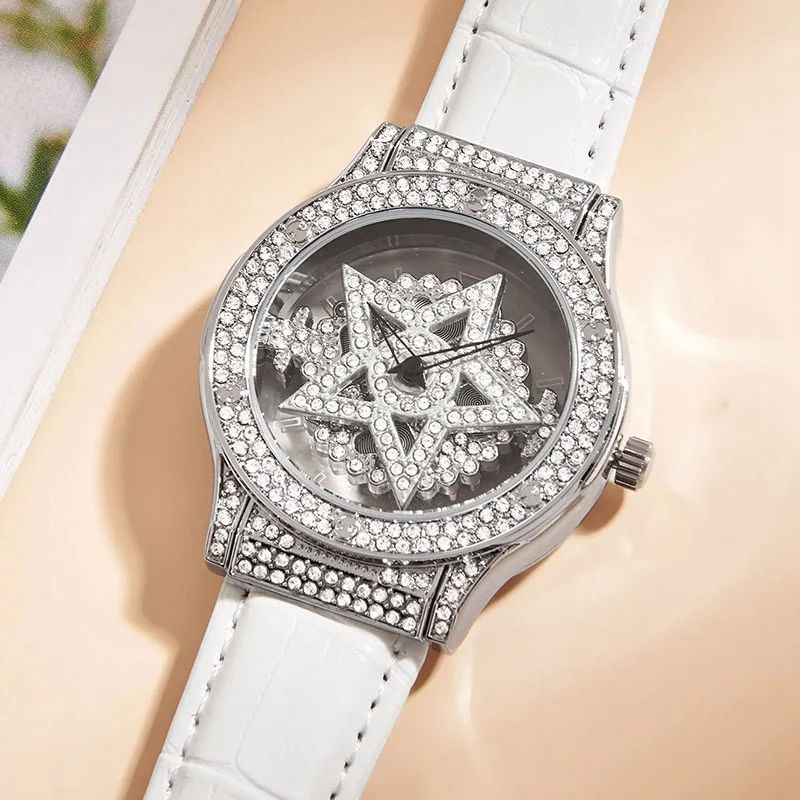 DOM G1230 New Fashion Diamond Trend obrotowy Pentagram skórzane wodoodporne zegarki kwarcowe dla kobiet Relojes Para Damas