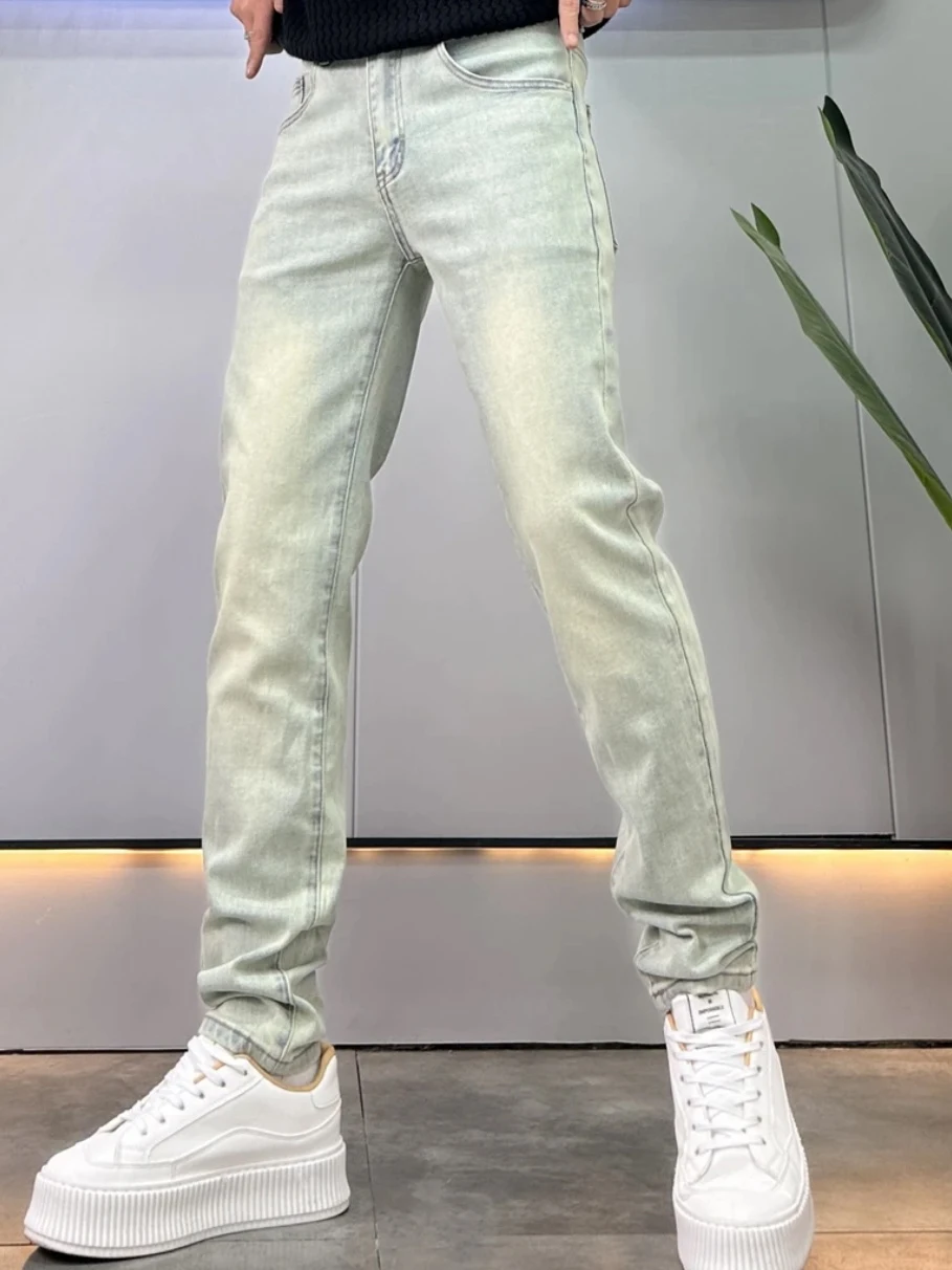 กางเกงยีนส์ผู้ชายสไตล์อเมริกันย้อนยุคทรงสลิมฟิตยืดได้ขาเล็กขายาวแฟชั่นฤดูใบไม้ผลิฤดูใบไม้ร่วงทนทานต่อการสึกหรอสวมใส่สบาย