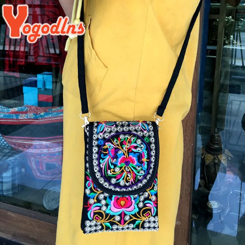 Yogodlns damska torba na ramię etui podróżne Vintage, w kwiaty haftowana torba Crossbody haftowana torba na telefon komórkowy mała torebka