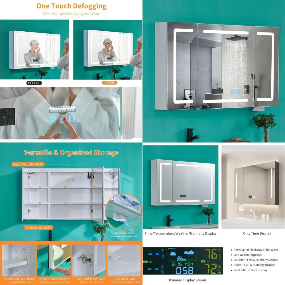 48 LED-Illuminated Smart Medicine Cabinet with Bluetooth, Speaker, Clock, Temp Display, Dimming, 3-Color Light, Outlets & USBs