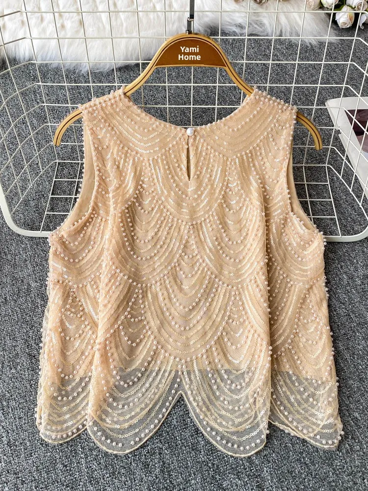 Colete f slim fit, gola redonda, sem mangas, enfeite pesado, lantejoulas brilhantes, novo design, formato de arco, top...