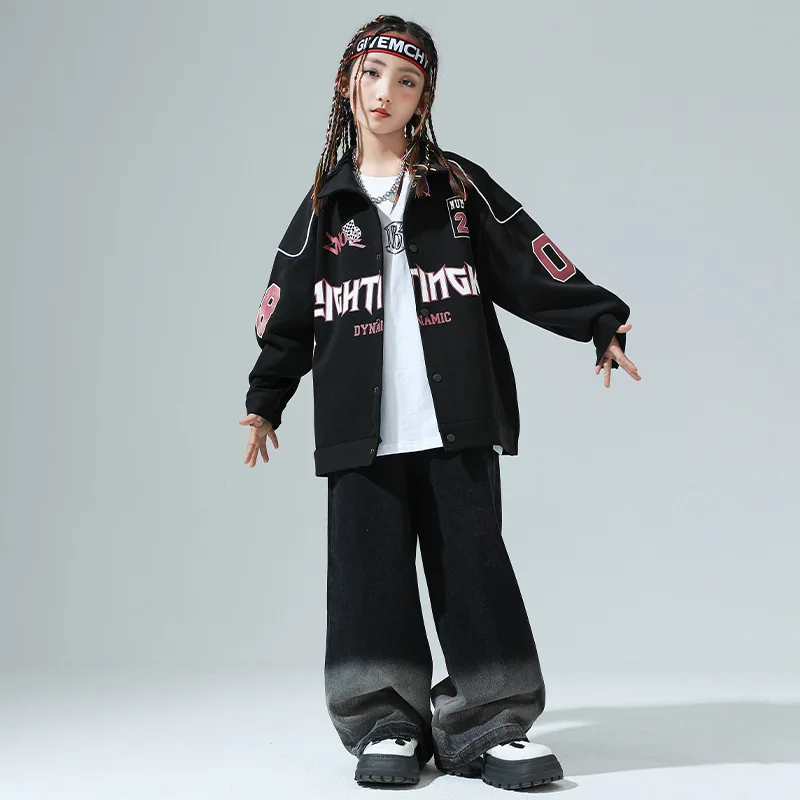 

Kid Kpop Hip Hop Clothing Black Letter Print Shirt Jacket Casual Denim Jeans Baggy Pants for Girl Boy Jazz Dance Costume Clothes